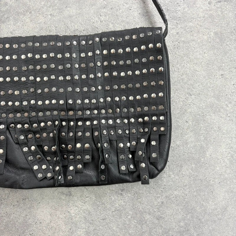 Black leather studded tassel crossbody bag
