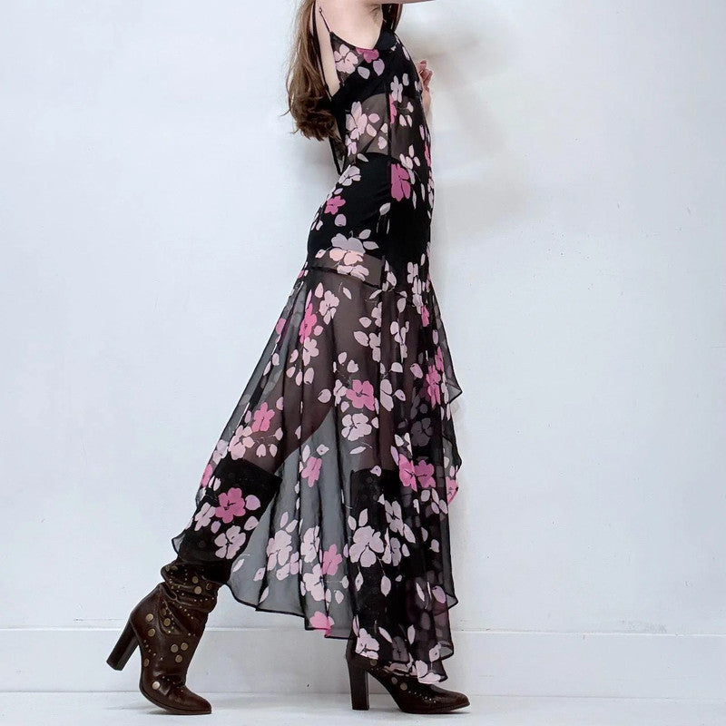 sheer black asymmetrical ruffle dress