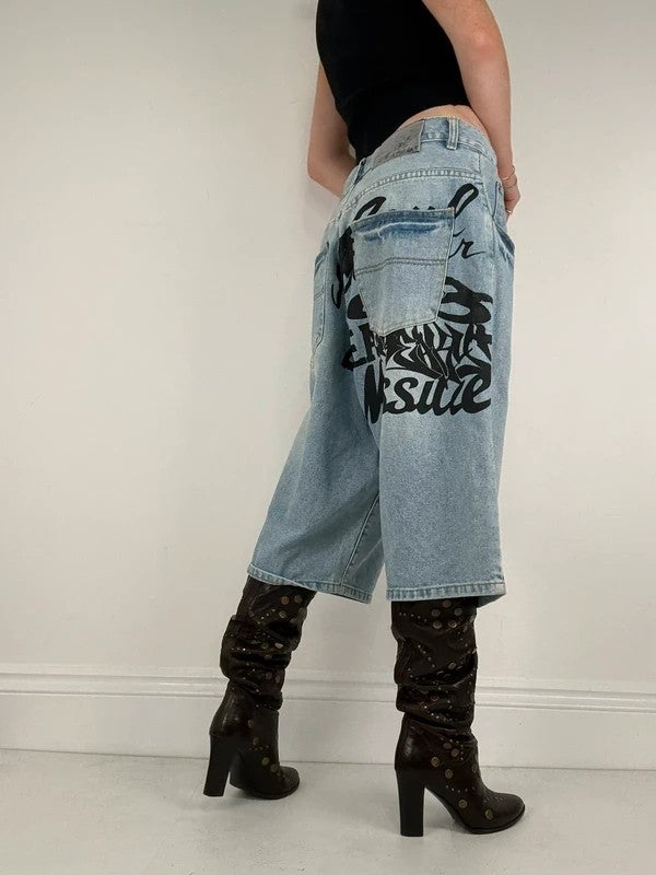 oversized wide leg denim jorts with graphic print