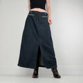 dark denim flared maxi skirt