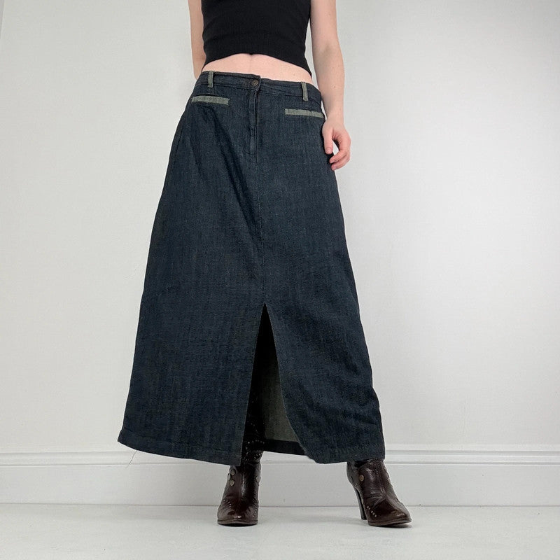 dark denim flared maxi skirt