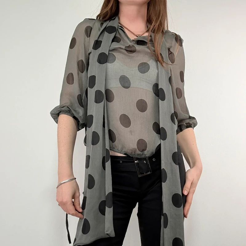 grey polkadot bow blouse