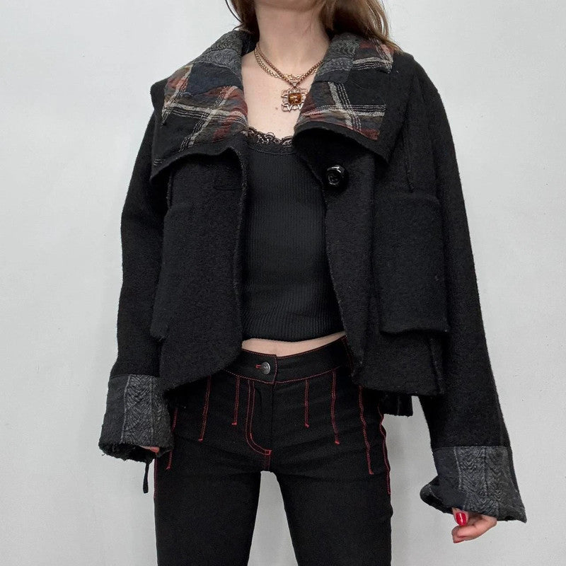 black oversized wool tartan jacket