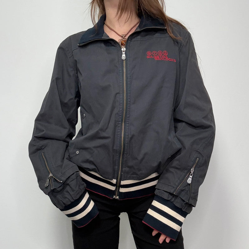 navy bomber jacket, thick striped waistband