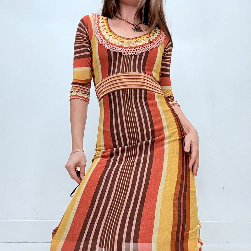 brown striped knitted crochet dress