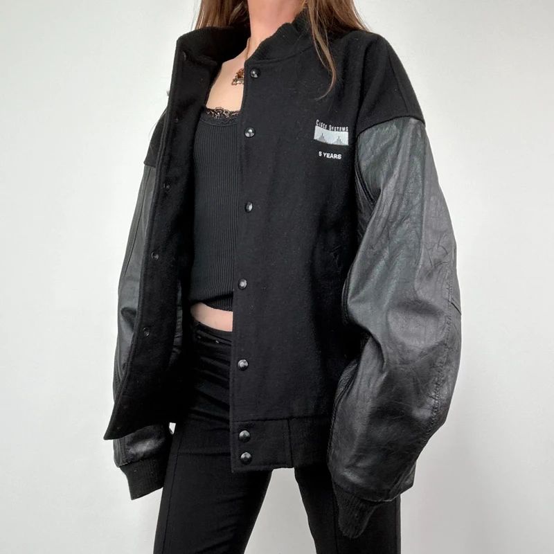 Black Leather Varsity Bomber Jacket