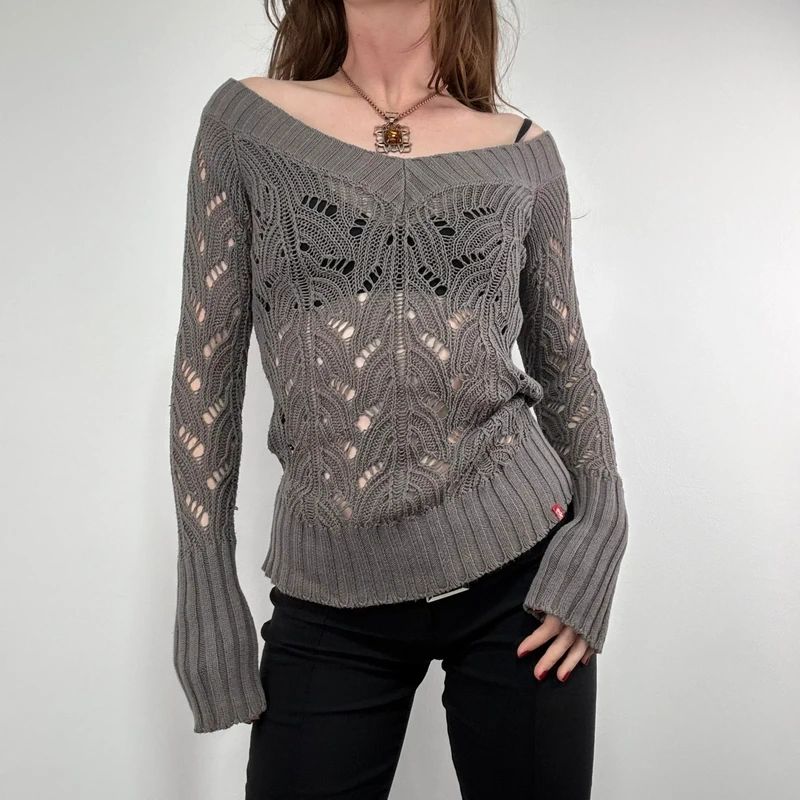 khaki lace knit off the shoulder slouchy jumper