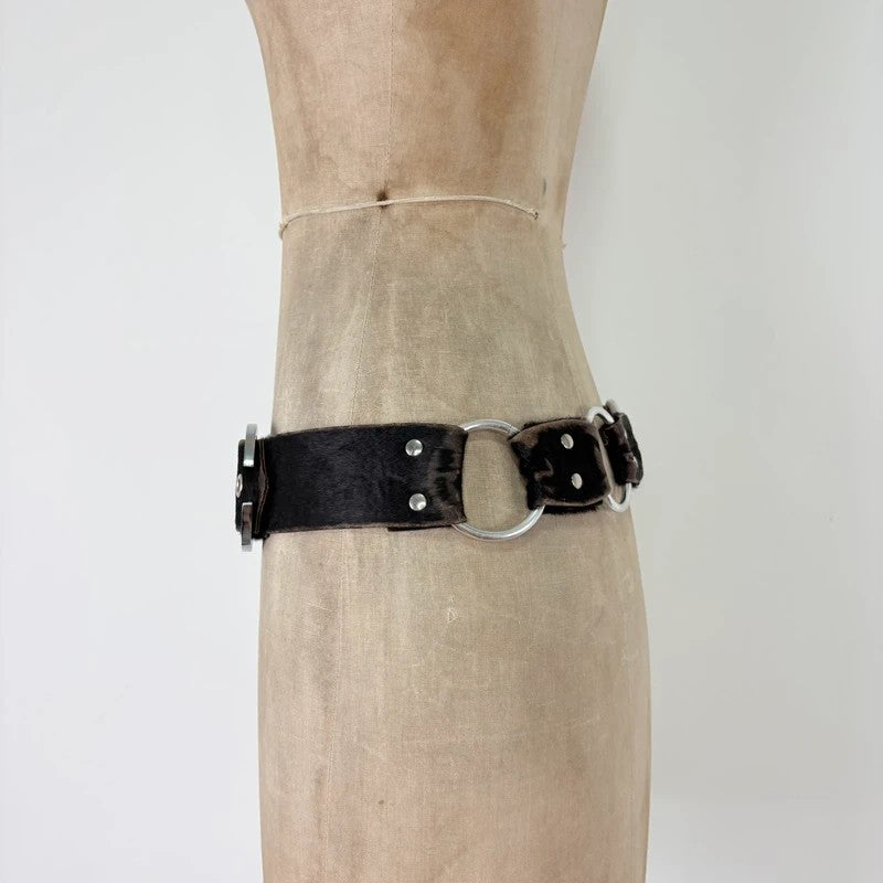 Pony hair cow hide leather chain link belt