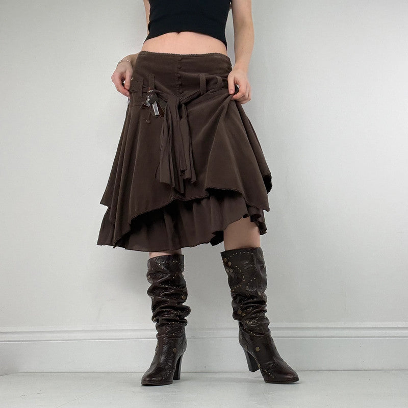 brown layered pleated midi skirt