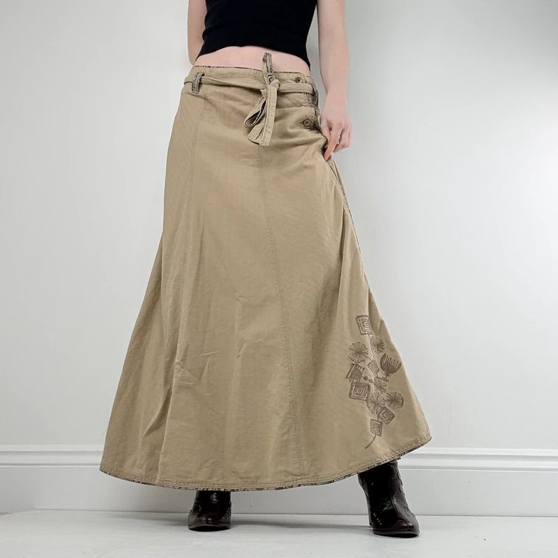 tan linen flared maxi skirt