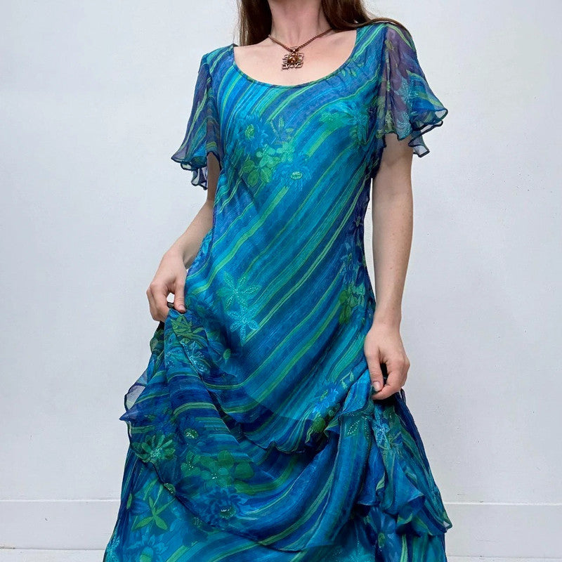 blue layered pinstripe ruffle dress