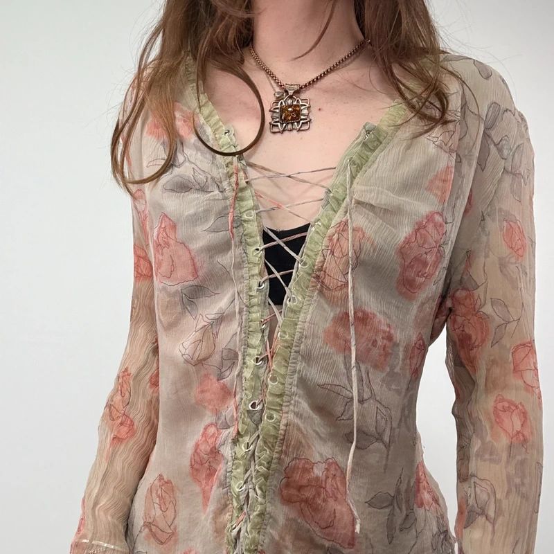 Sheer Crinkle Floral Lace-Up Fairy Shirt
