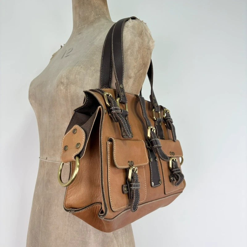 Tan leather Y2K buckle city handbag