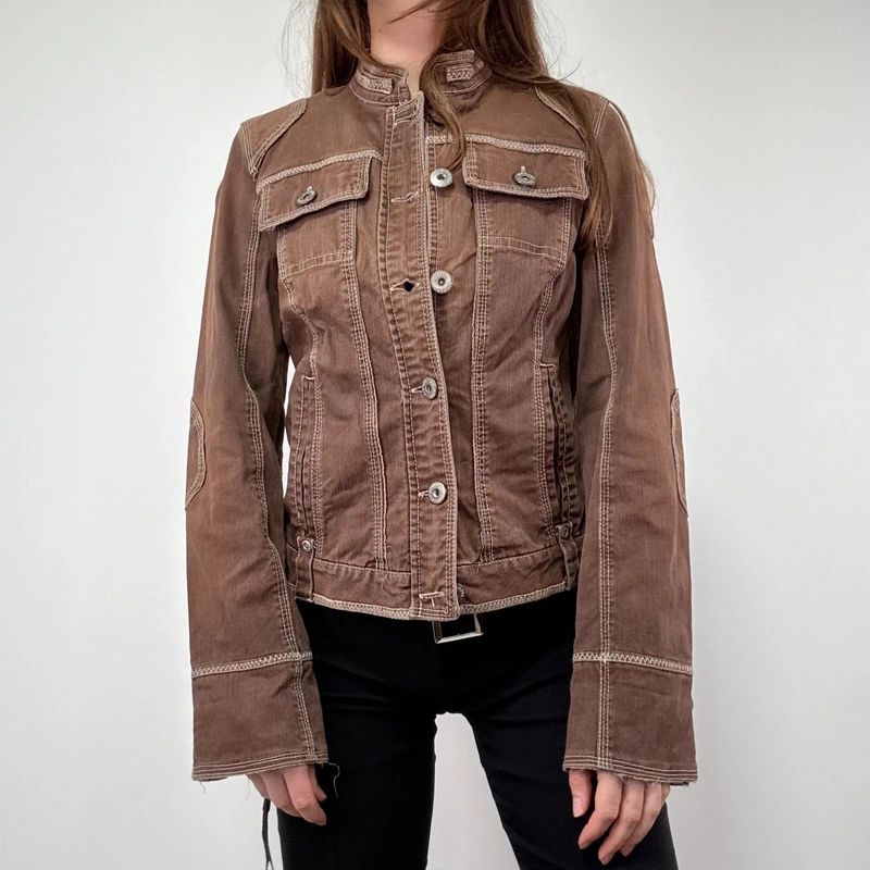 distressed brown cargo denim jacket