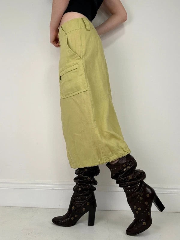 green Chartreuse 100% linen cargo grunge midi skirt