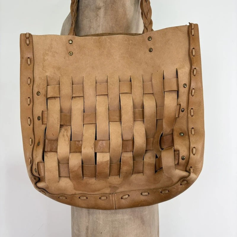 Beige leather woven distressed shoulder bag
