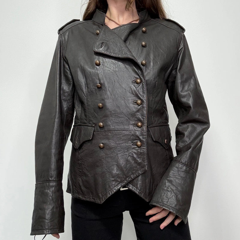 aymmetric brown leather military napolionic jacket