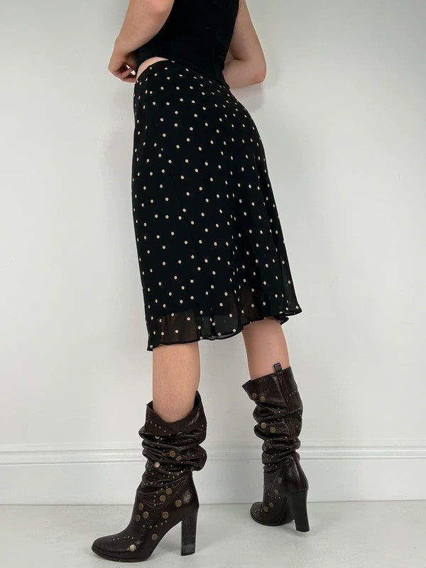 Black and white polkadot flutter midi skirt
