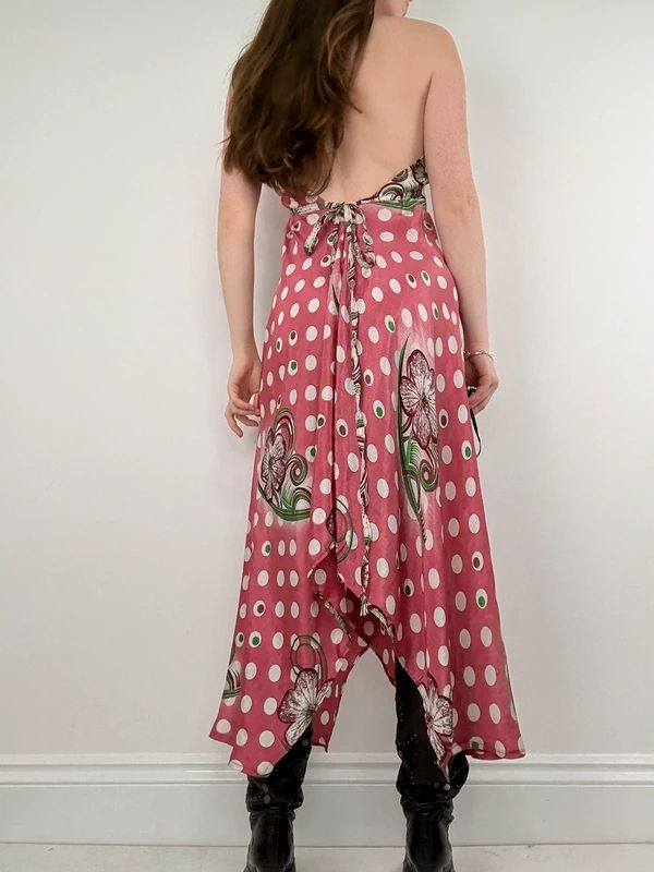 pink polkadot handkerchief maxi dress