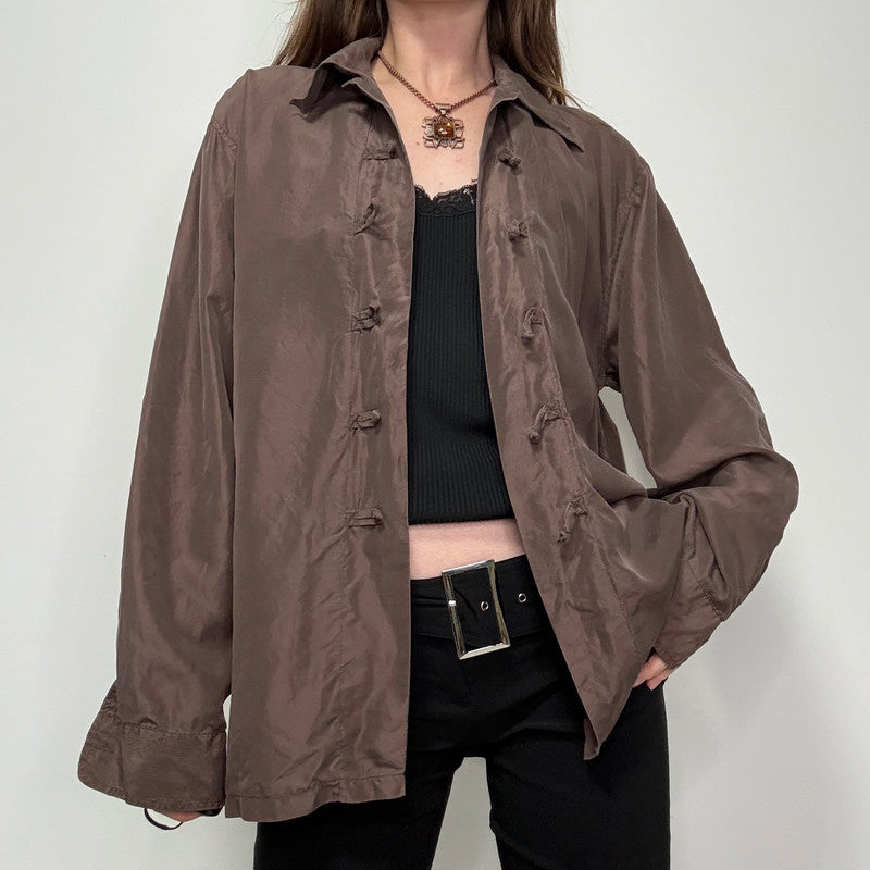 brown silk toggle shirt