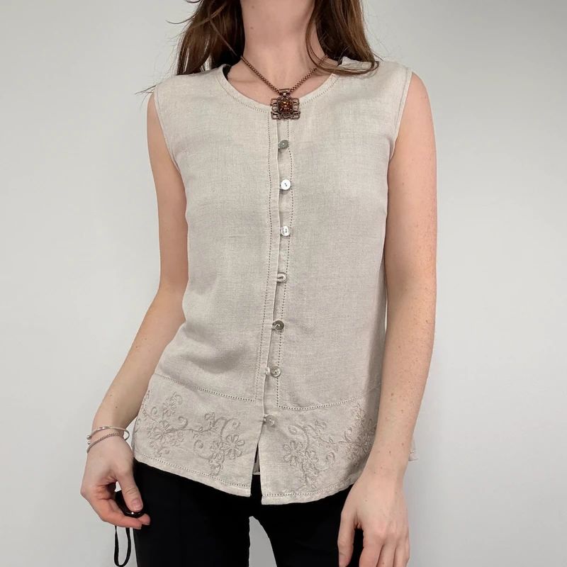 tan linen button vest