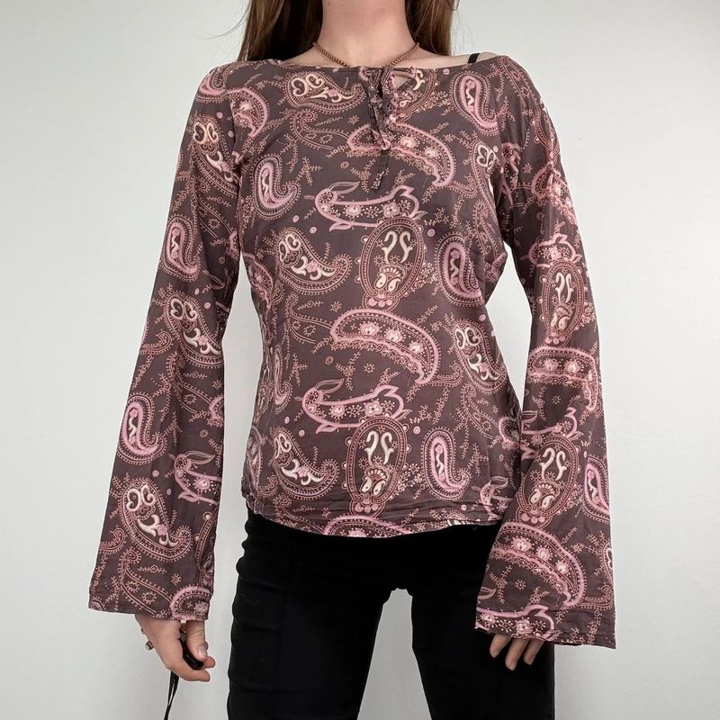 brown and pink paisley flared cotton boho shirt
