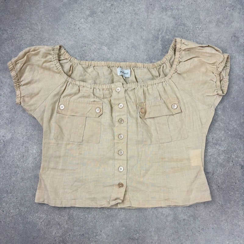 tan linen pleated button through slouchy blouse