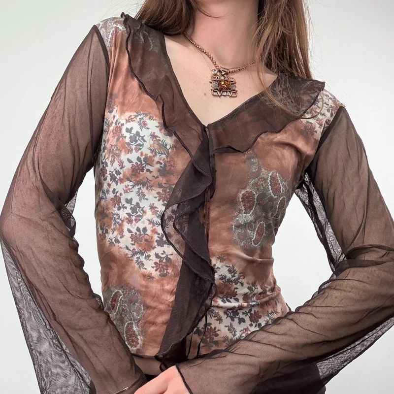 Brown floaty sheer Flared Boho Shirt