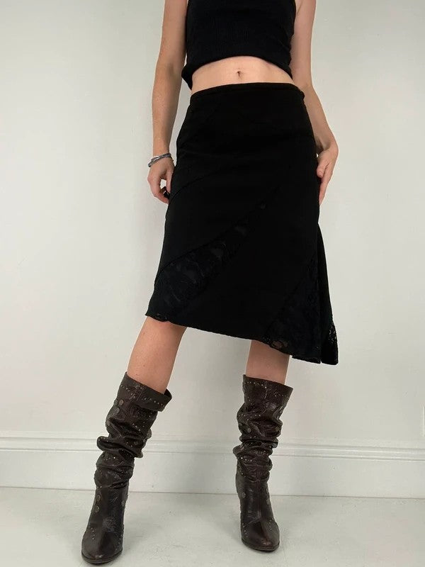 black asymmetric lace panelled midi skirt