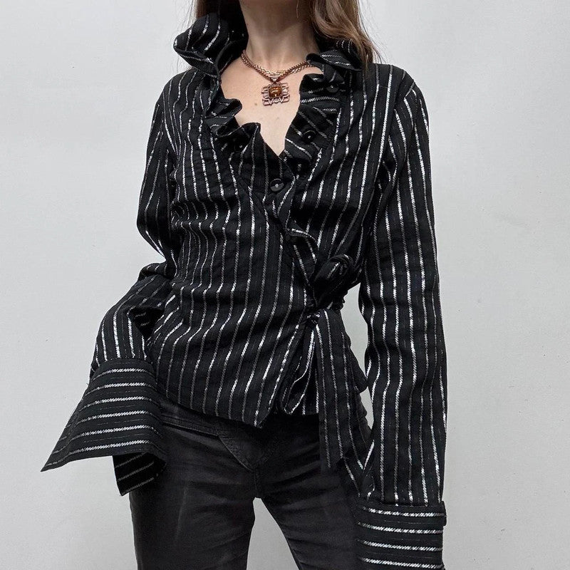 black pinstripe wrap ruffle shirt