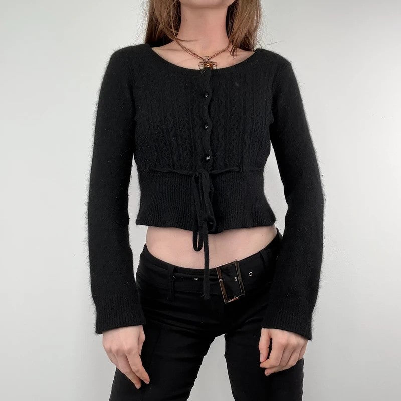black cropped preppy angora wool cardigan