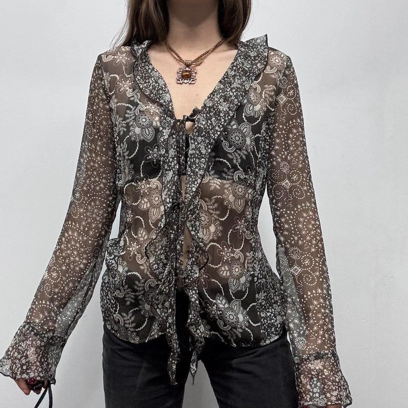 sheer paisley printed brown fairy shirt