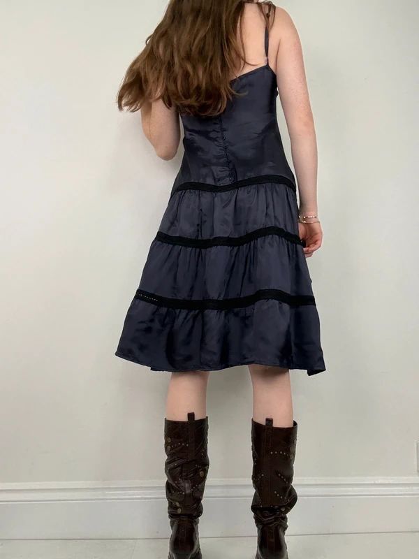 navy and lack lace flared tiered midi dress