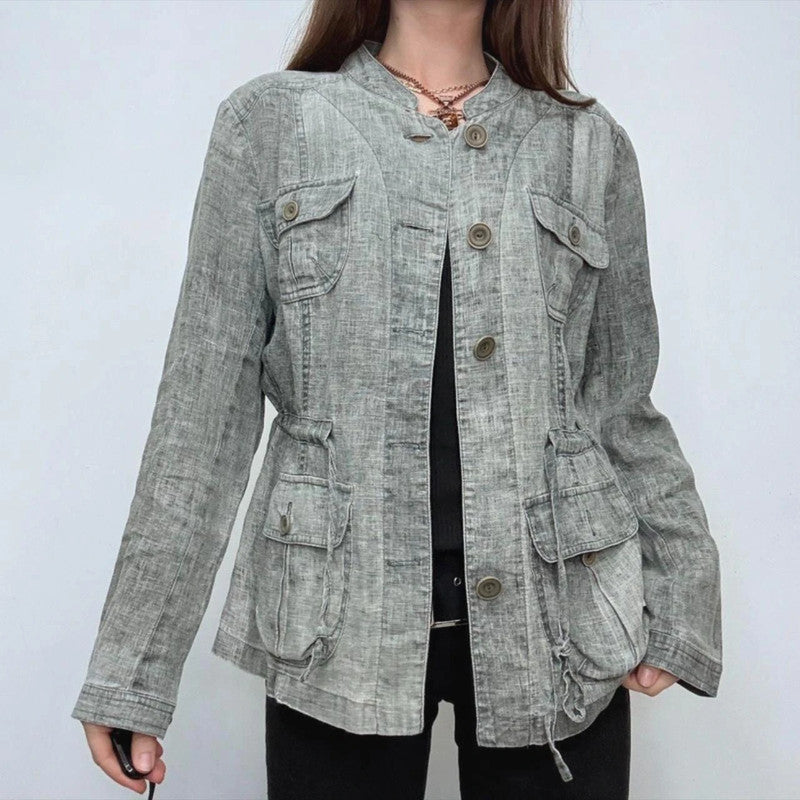 grey linen distressed cinched cargo shirt