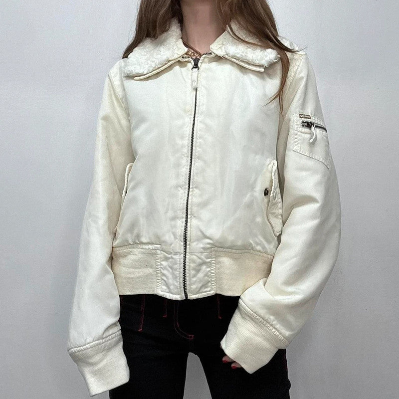 cream slouchy fur bomber jacket