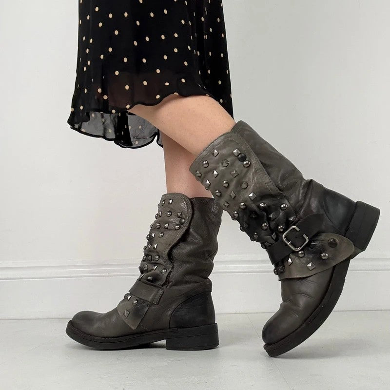Grey studded slouchy leather boots
