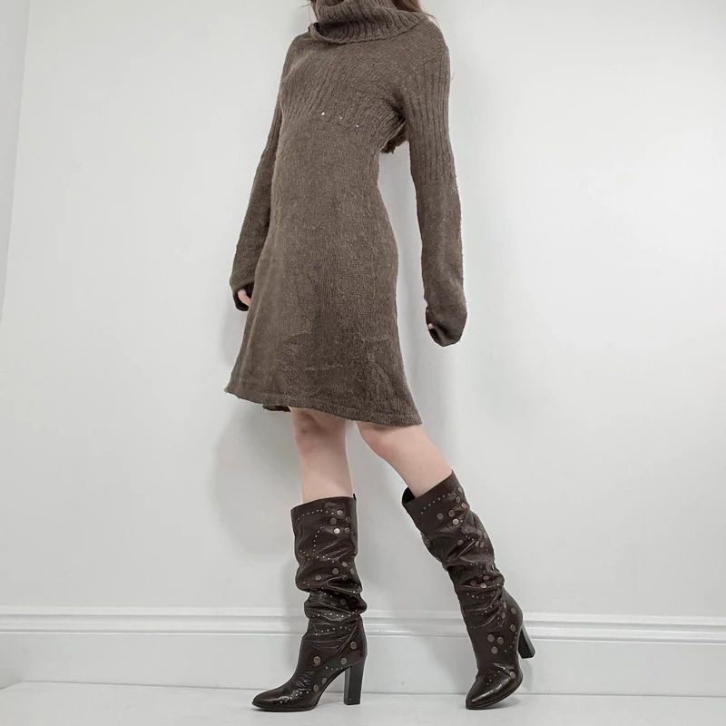 brown mohair knitted slouchy flared midi dress