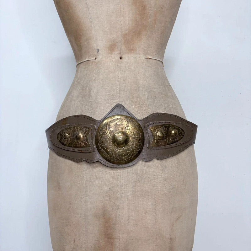 brown western leather studded metal belt