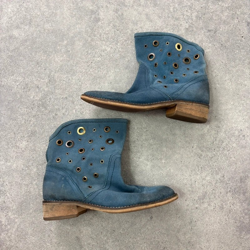Blue suede studded eyelet ankle boots