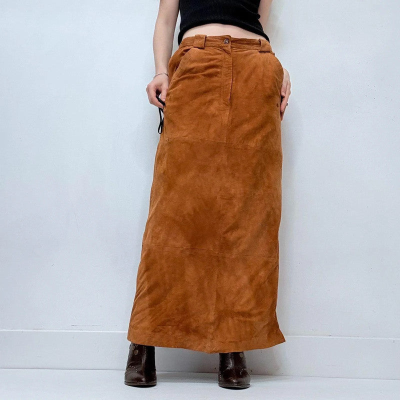 tan suede a-line maxi skirt