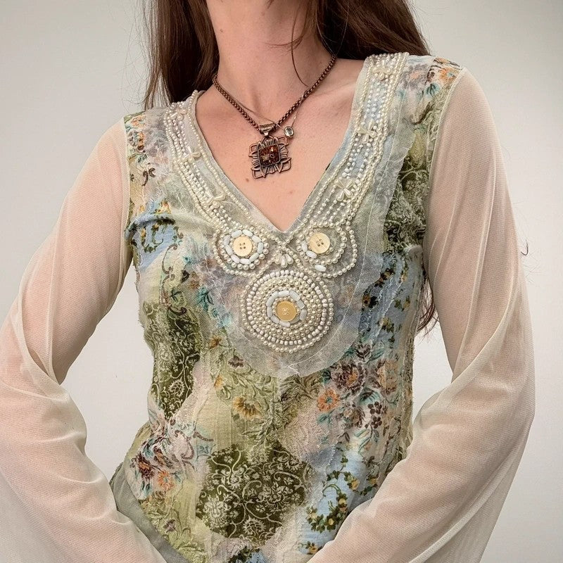 Mesh boho flare paisley print blouse t-shirt