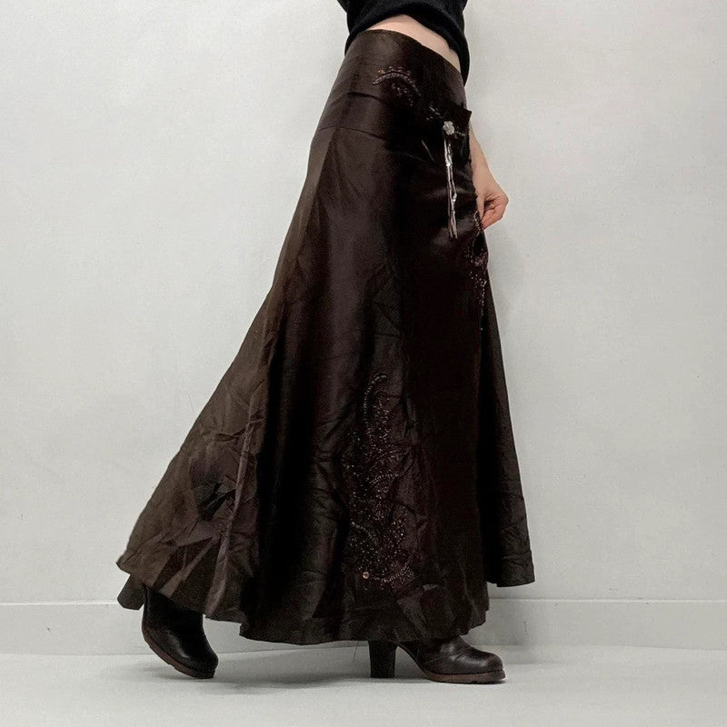 brown flared satin maxi skirt