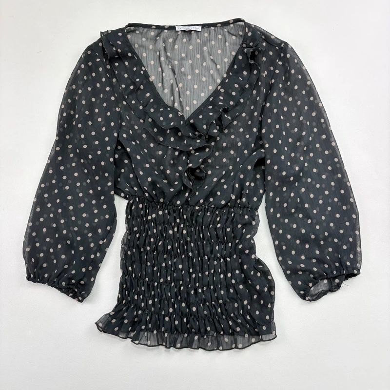 sheer black polkadot cinched shirt