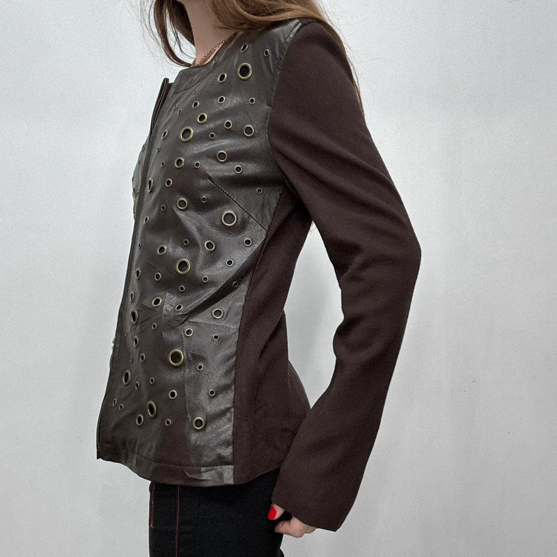 brown studded eyelet leather jacket