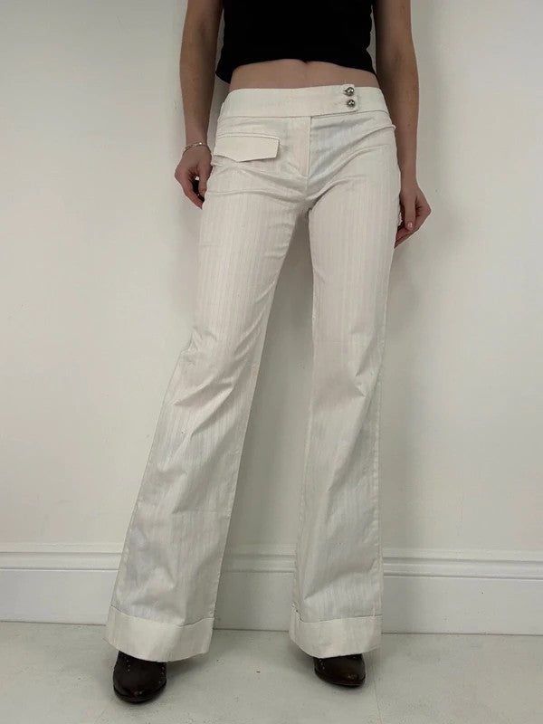 Lot rise white cotton pinstripe flared trousers