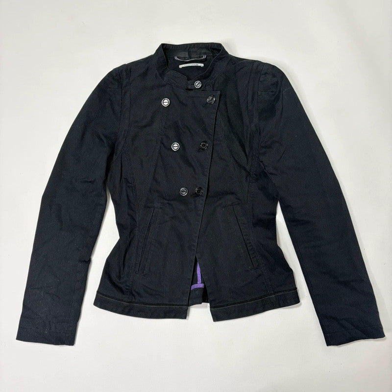 navy pinstripe fitted asymmetric jacket