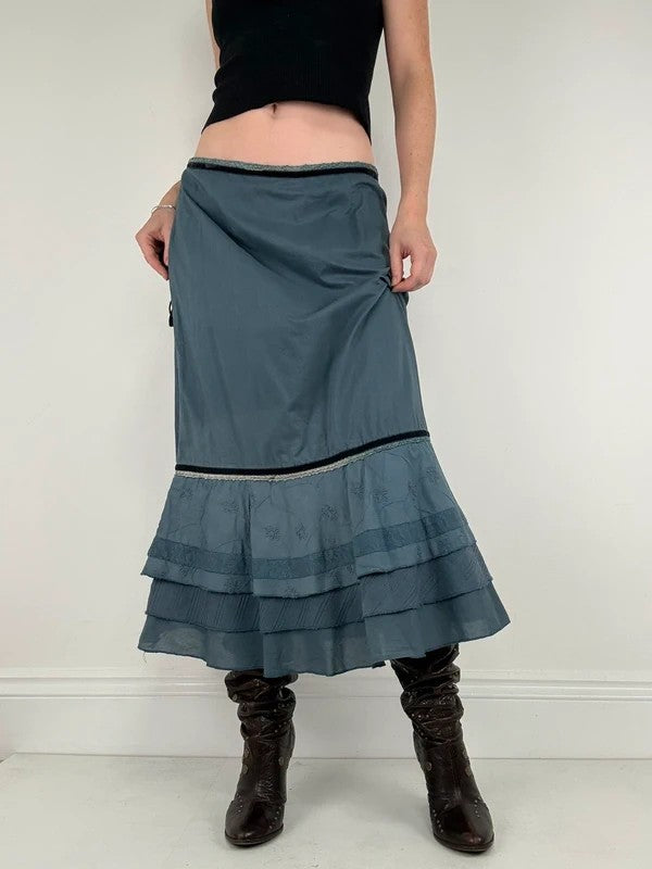 Blue cotton lace tiered maxi skirt