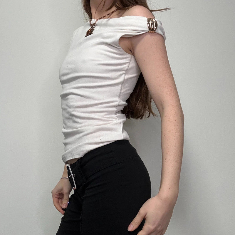 white asymmetric off the shoulder t-shirt