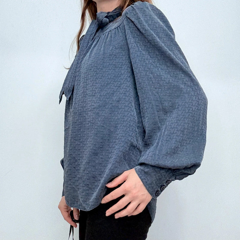 navy silk puff textured blouse