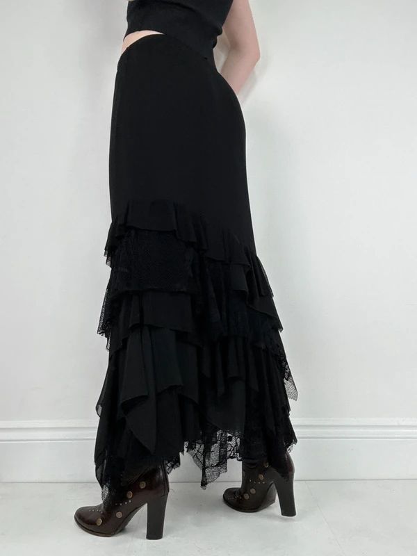 black ruffle grunge layered whimsygoth maxi skirt